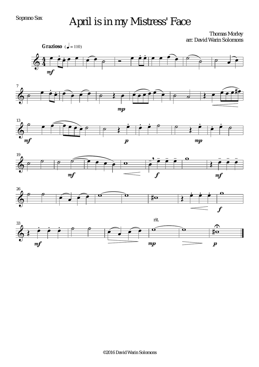 April is in my Mistress' Face for saxophone quartet by Thomas Morley Saxophone Quartet - Digital Sheet Music page 3