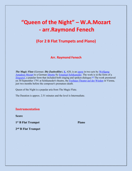 Queen of the Night - From the Magic Flute - 2 B Flat Trumpets and Piano image number null