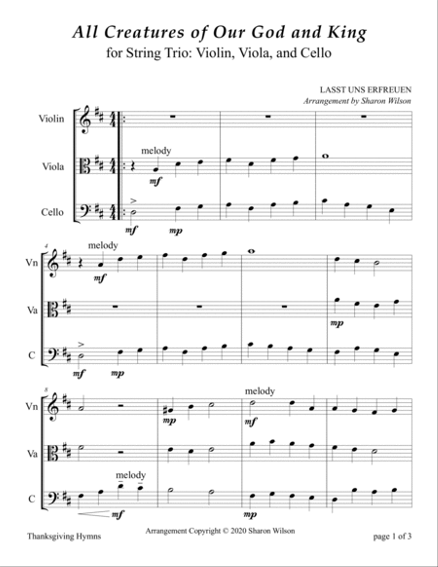 Easy String Trios: Thanksgiving Hymns (A Collection of 10 Easy Trios for Violin, Viola, and Cello) image number null