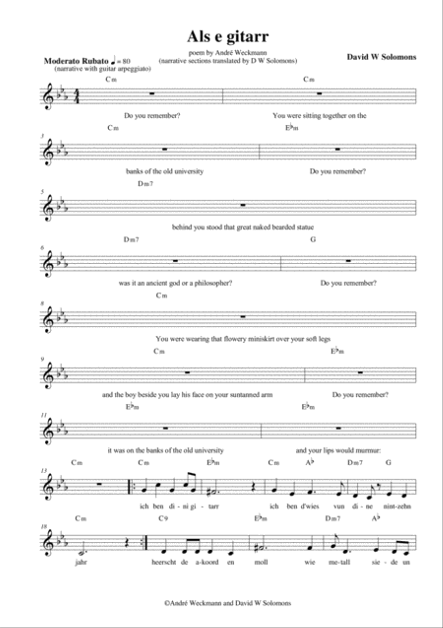 Als e gitarr (Nothing is left of us but a guitar) for narrator, alto voice and guitar chord names Acoustic Guitar scores gallery preview page 1