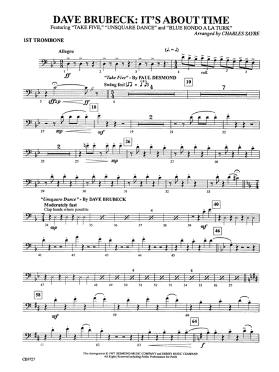 Dave Brubeck: It's About Time: 1st Trombone Concert Band scores gallery preview page 1