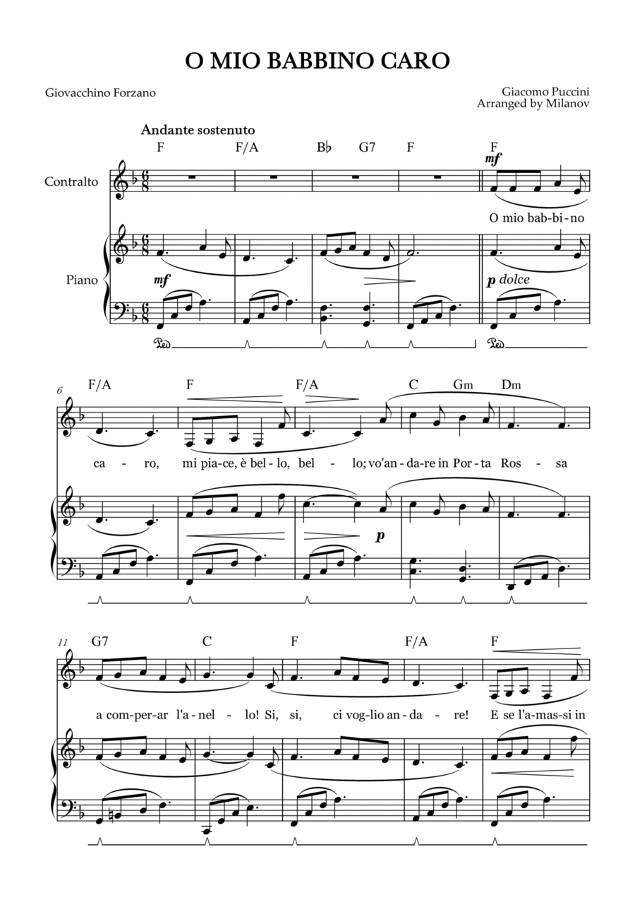 O Mio Babbino Caro | Female Voice Contralto | F Major | Piano accompaniment | Pedal | Chords Alto Voice scores gallery preview page 1