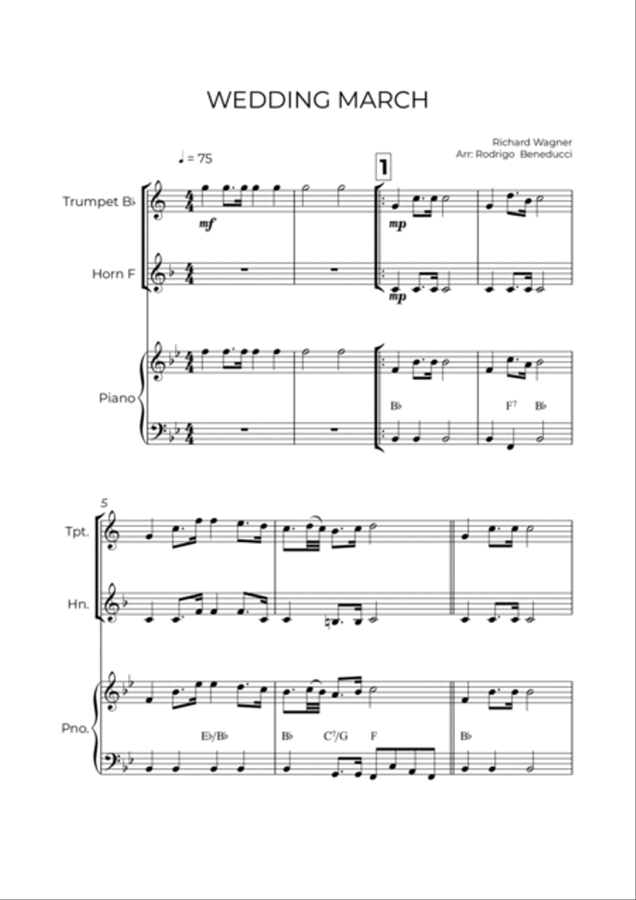 WEDDING MARCH - RICHARD WAGNER - BRASS PIANO TRIO (TRUMPET, HORN & PIANO) Brass Duet scores gallery preview page 2