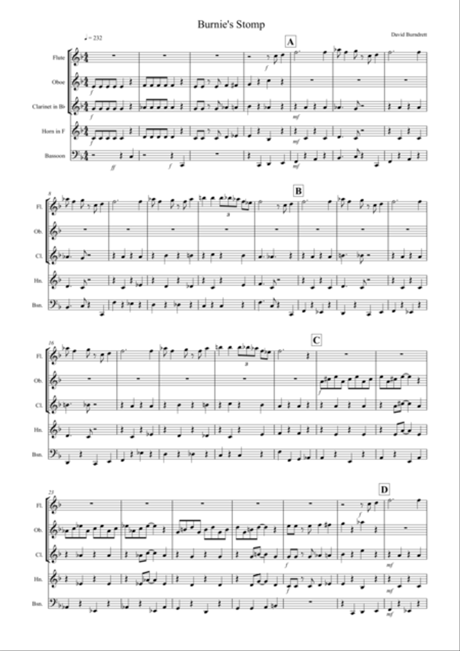 Burnie's Stomp for Wind Quintet Woodwind Quartet scores gallery preview page 1