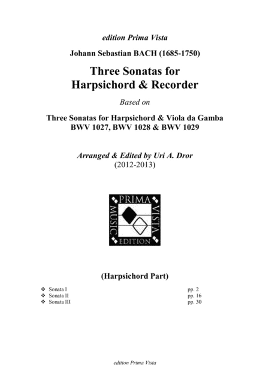 J. S. Bach, 3 Sonatas for Recorder & Harpsichord after BWV 1027-1029, Harpsichord Part Chamber Music scores gallery preview page 1