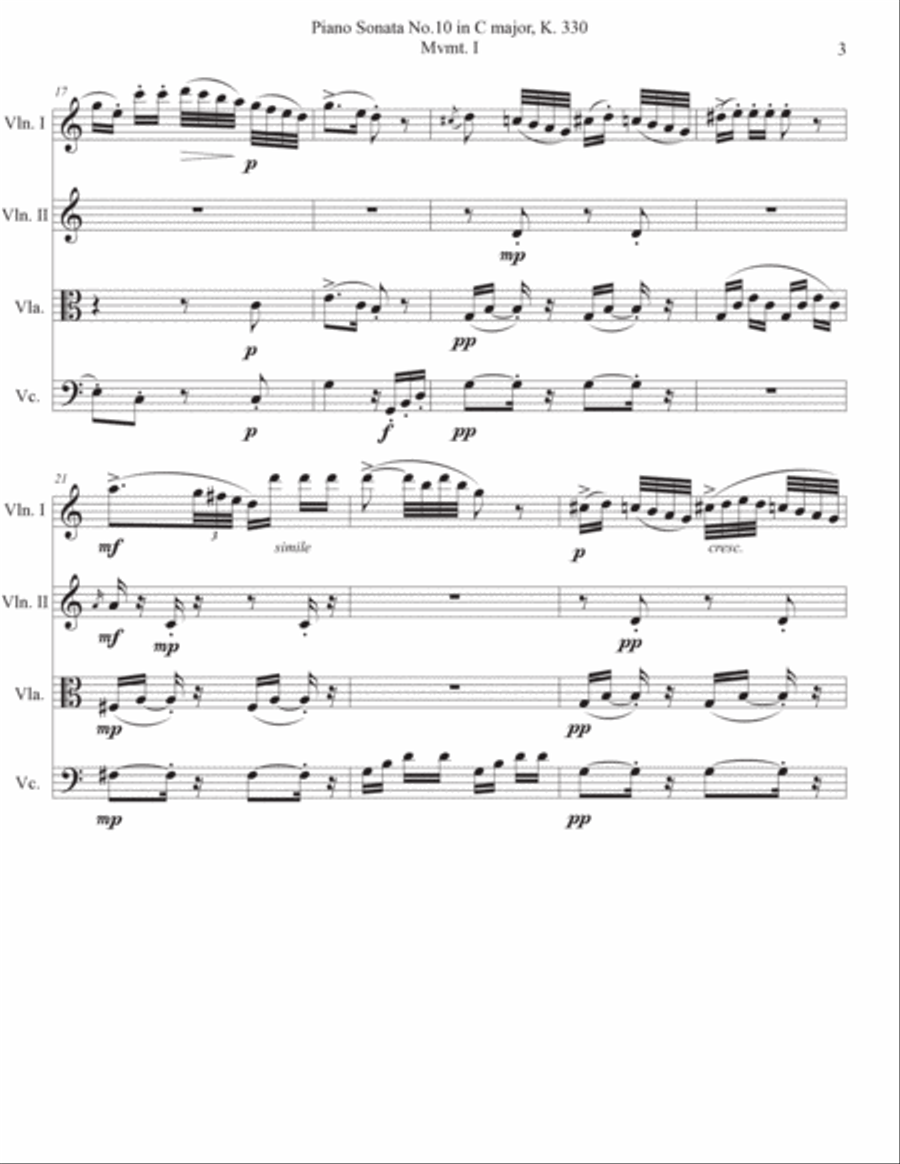 Piano Sonata No.10 in C major, K. 330 Mvmt. I String Quartet scores gallery preview page 3