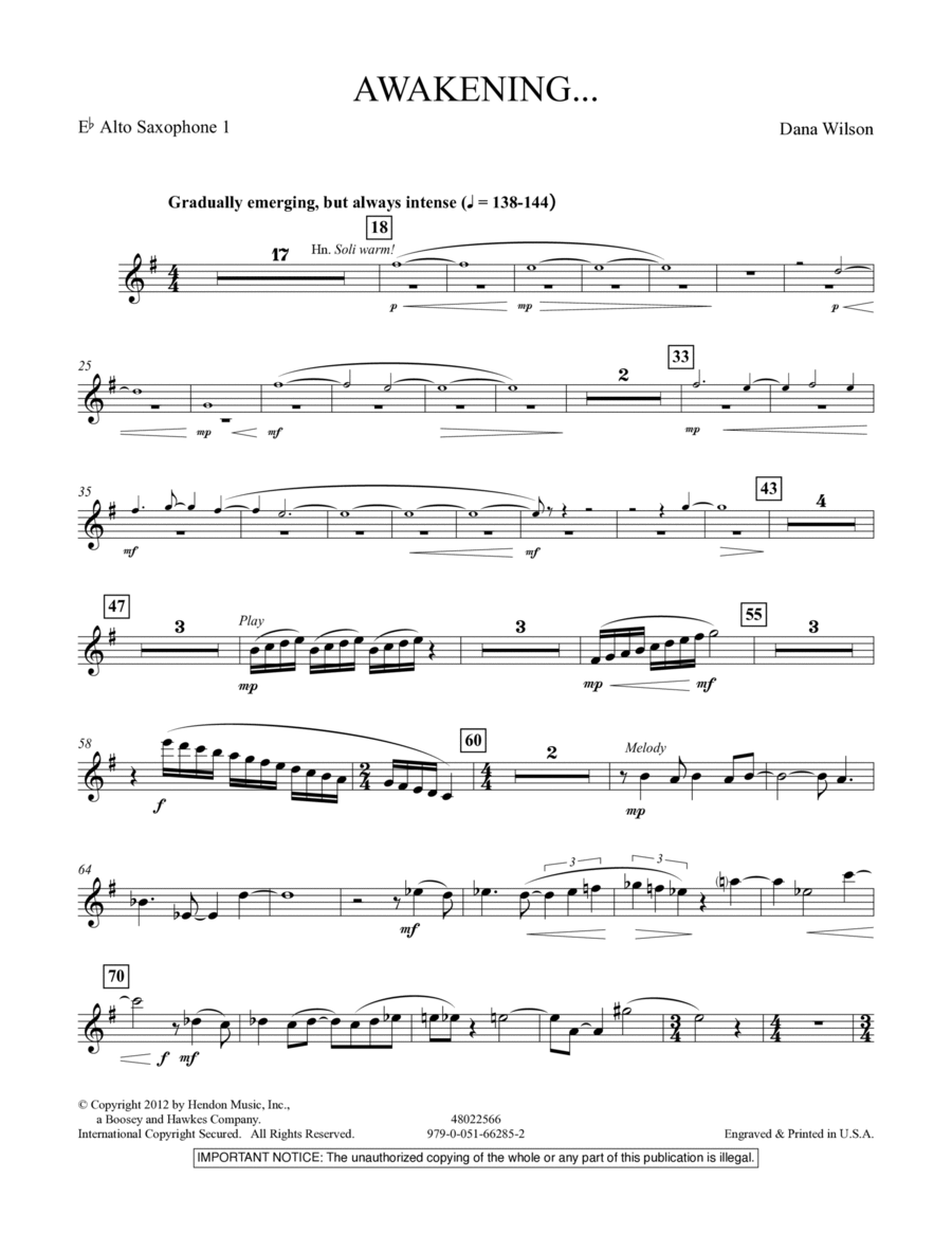 Awakening... - Eb Alto Saxophone 1 Concert Band scores gallery preview page 1