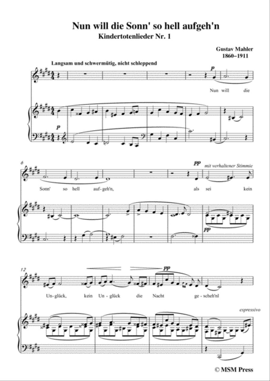 Mahler-Nun will die Sonn' so hell aufgeh'n(Kindertotenlieder Nr.1) in c sharp minor,for Voice and Pi Voice scores gallery preview page 3