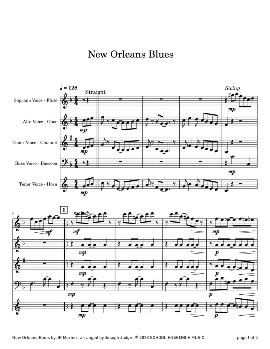 New Orleans Blues by JR Morton for Woodwind Quartet in Schools Woodwind Quartet scores gallery preview page 1