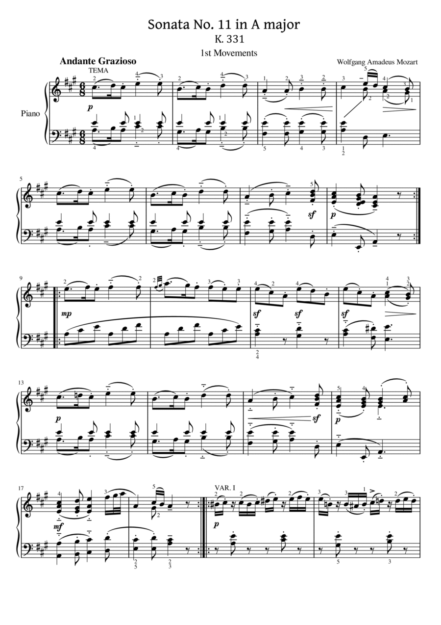 Mozart - Piano Sonata No.11 in A major, K.331/300i - 1st Mov - Original With Fingered For Piano Solo Piano Solo scores gallery preview page 1