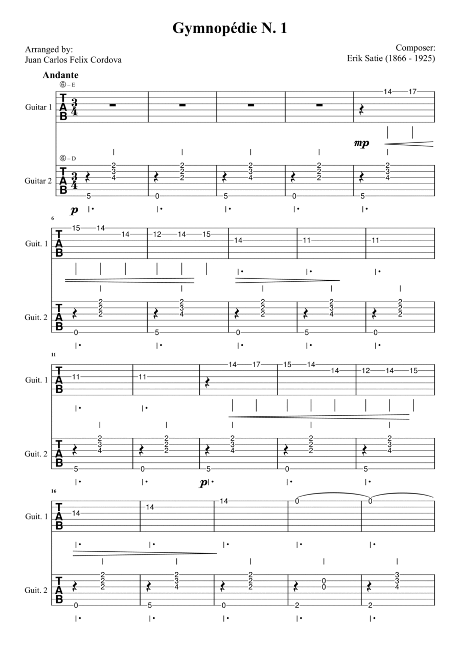 Gymnopédie No. 1 for 2 guitars (TAB) Chamber Music scores gallery preview page 1