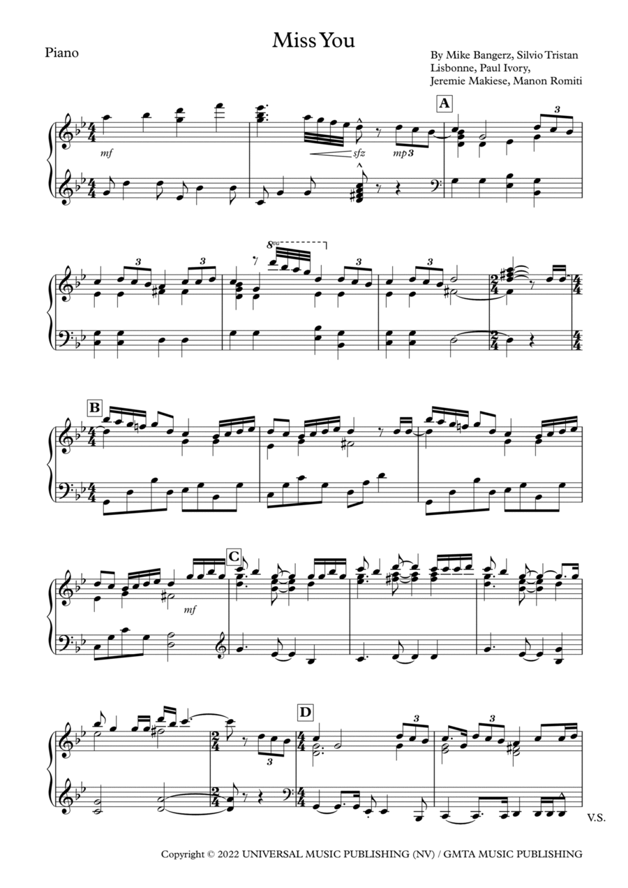 Miss You Miss You Piano Solo scores gallery preview page 1