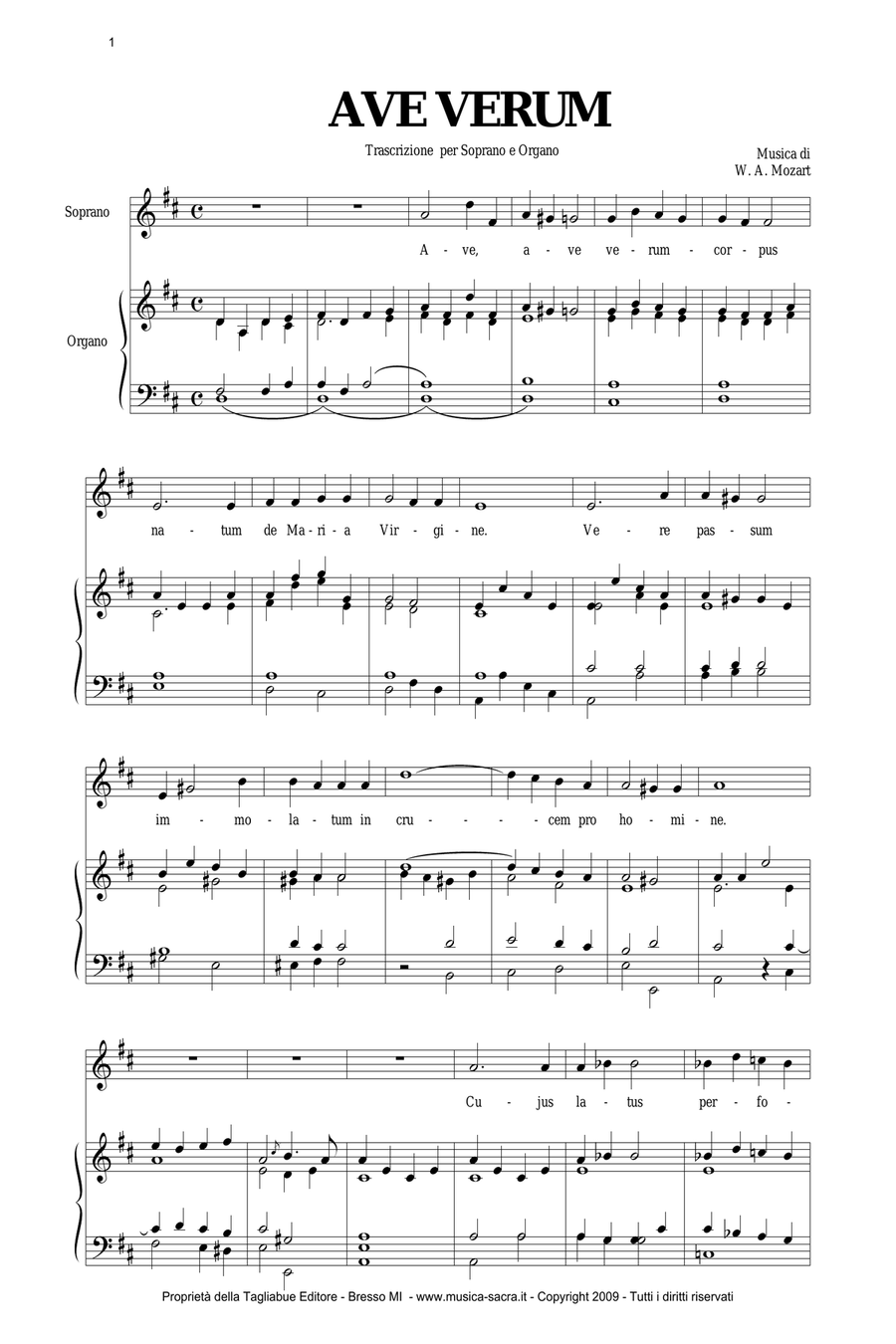 AVE VERUM - Mozart - Arr. for Soprano (or Tenor) and Organ Piano, Vocal scores gallery preview page 1