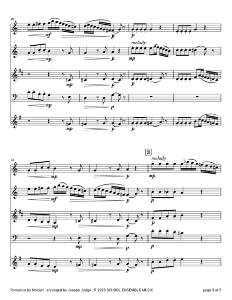 Romance by Mozart for Woodwind Quartet in Schools Woodwind Quartet scores gallery preview page 3