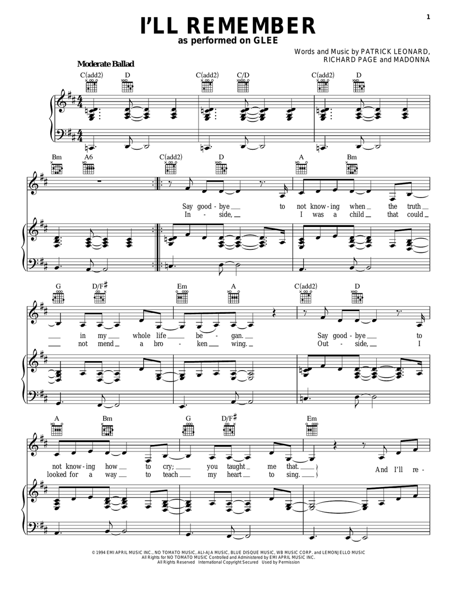 I'll Remember Piano, Vocal, Guitar scores gallery preview page 1