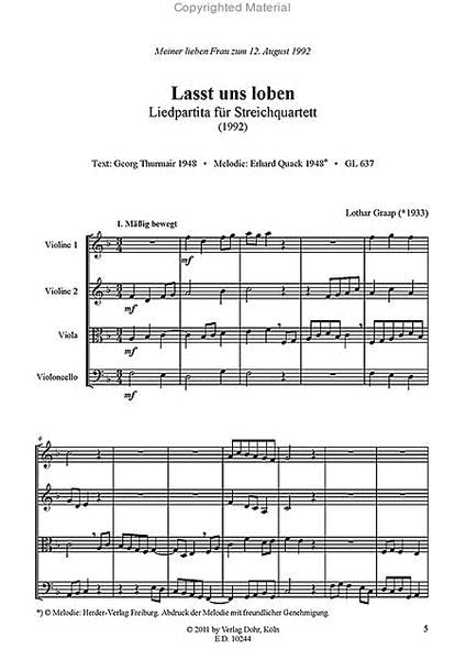 Lasst uns loben (1992) -Liedpartita für Streichquartett- (GL 637)