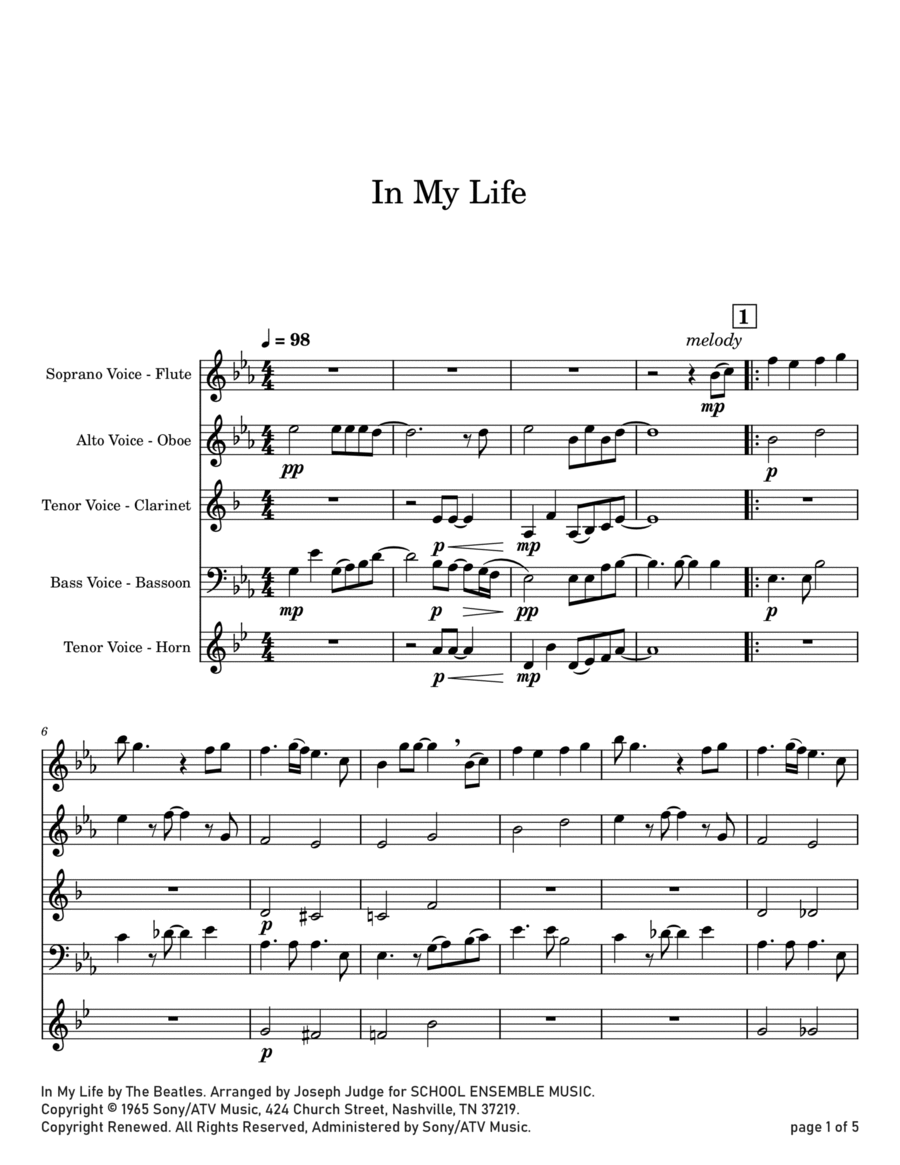 In My Life Woodwind Quartet scores gallery preview page 1