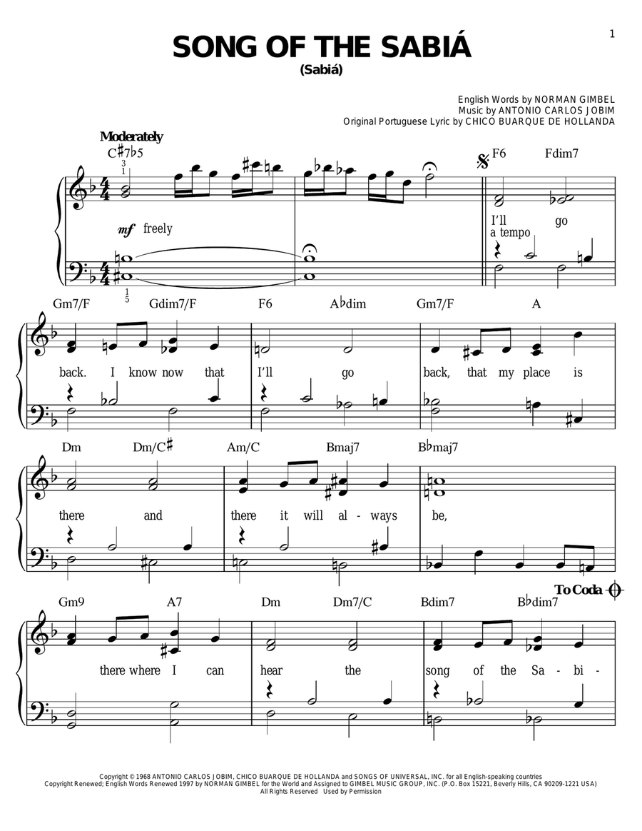 Song Of The Sabia (Sabia) Easy Piano scores gallery preview page 1