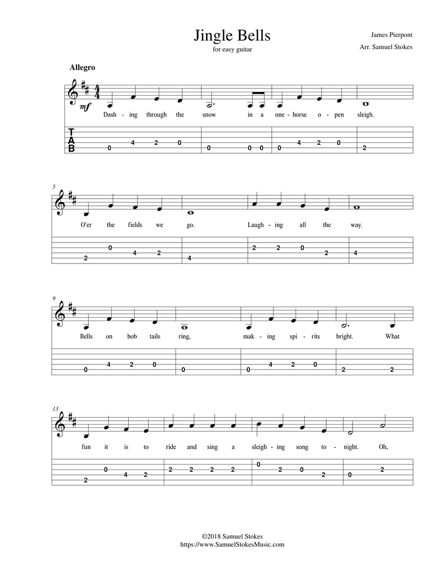 Jingle Bells - for easy guitar with TAB (optional voice) Guitar Tablature scores gallery preview page 1