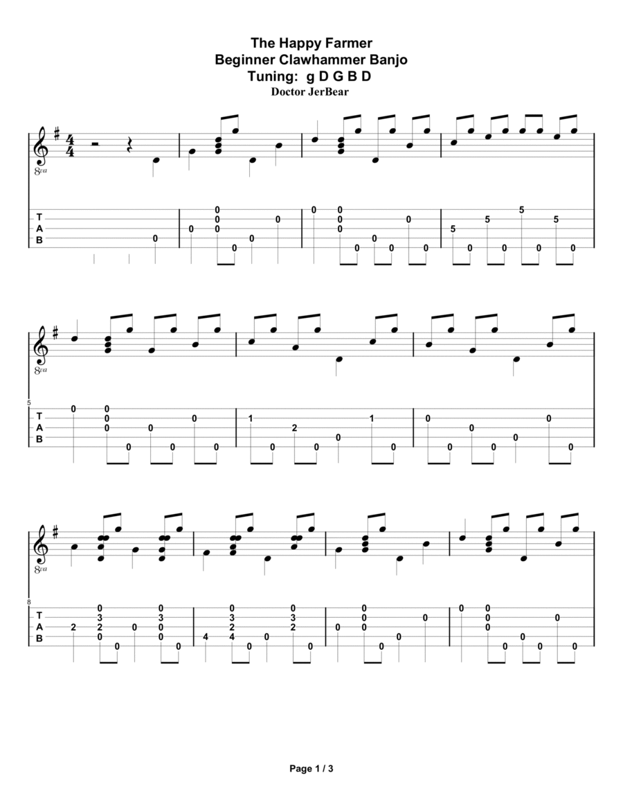 Doctor JerBear--The Happy Farmer--Beginning Clawhammer Banjo Banjo scores gallery preview page 1
