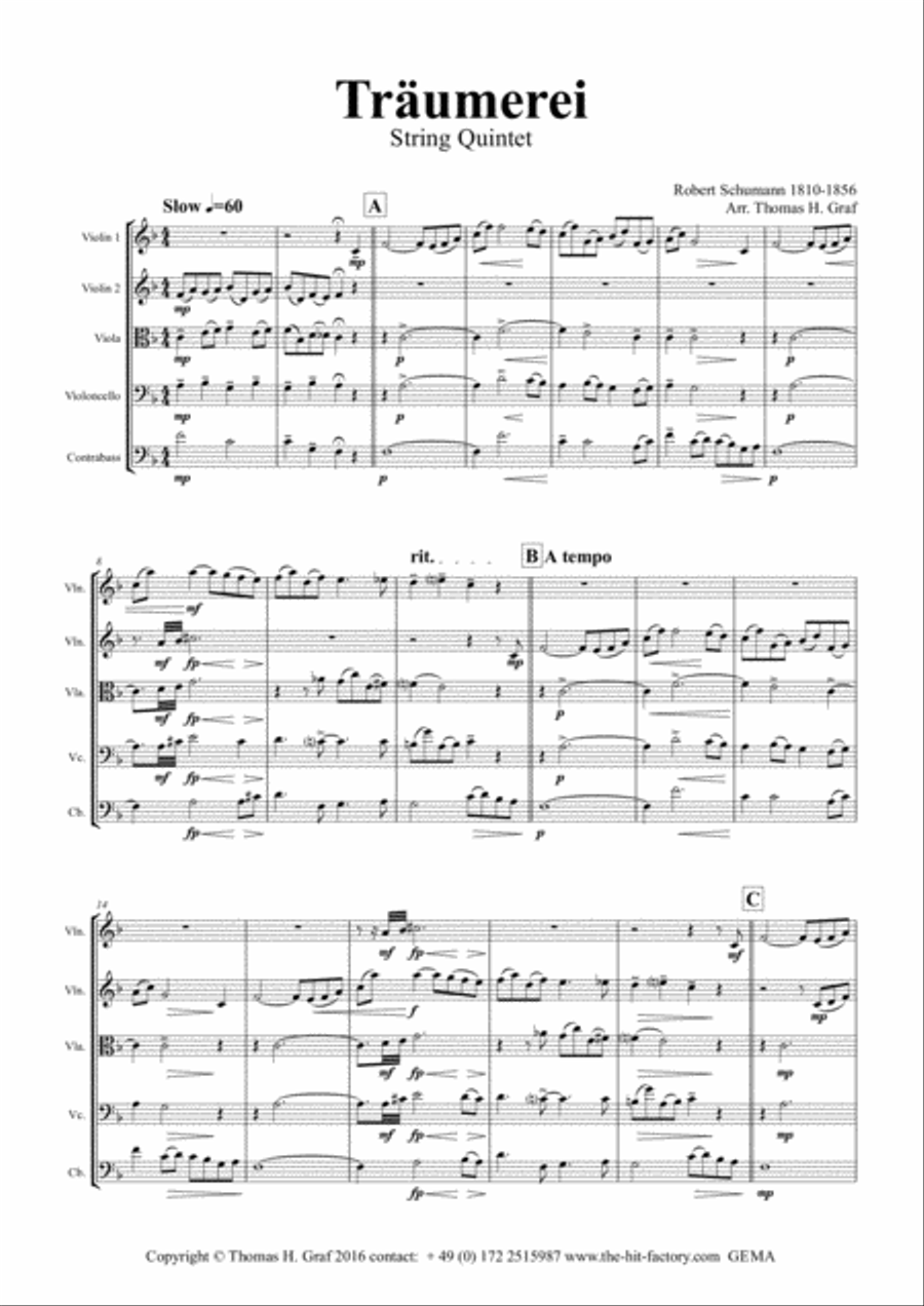 Träumerei - romantic Masterpiece by R.Schumann - String Quintet String Quintet scores gallery preview page 1