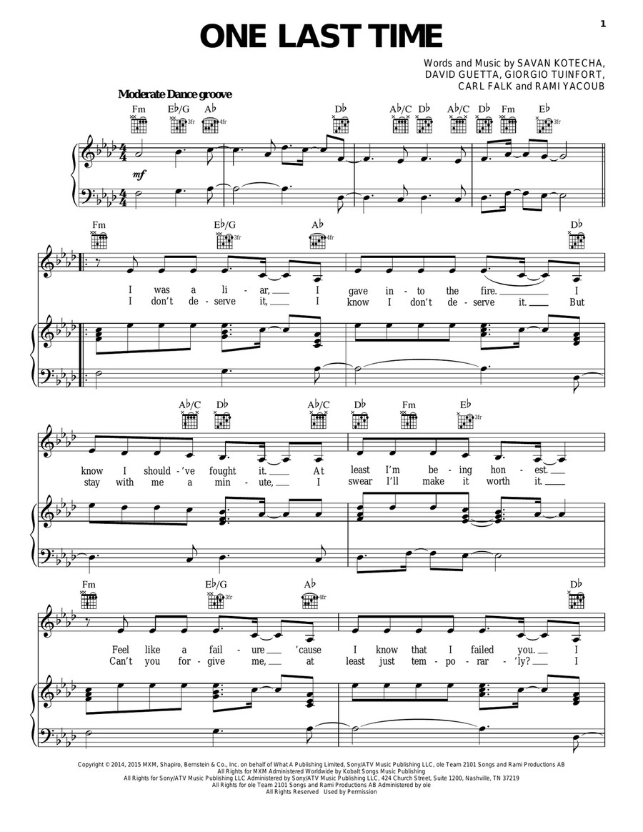 One Last Time Piano, Vocal, Guitar scores gallery preview page 1