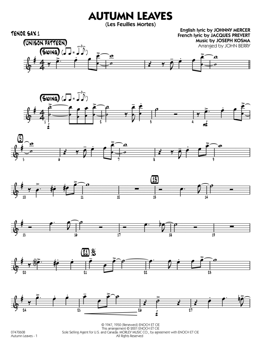 Autumn Leaves arr. John Berry Tenor Sax 1 by Joseph Kosma