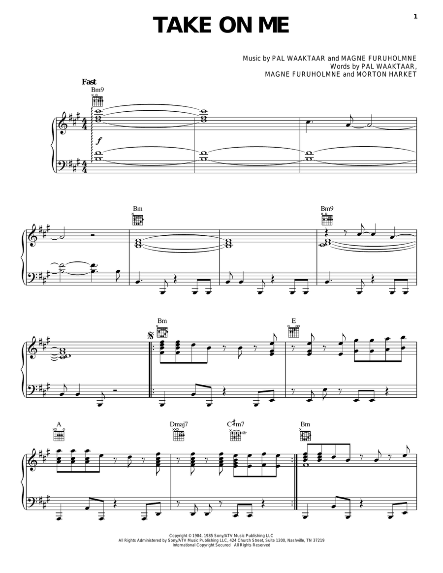 Take On Me Piano, Vocal, Guitar scores gallery preview page 1