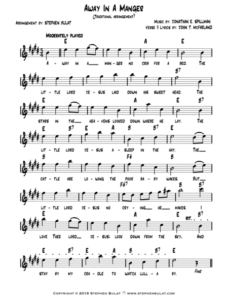 Away In A Manger - Lead sheet arranged in traditional and jazz style (key of E)