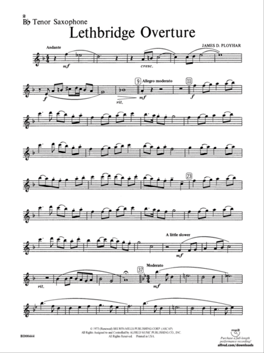Lethbridge Overture: B-flat Tenor Saxophone Concert Band scores gallery preview page 1