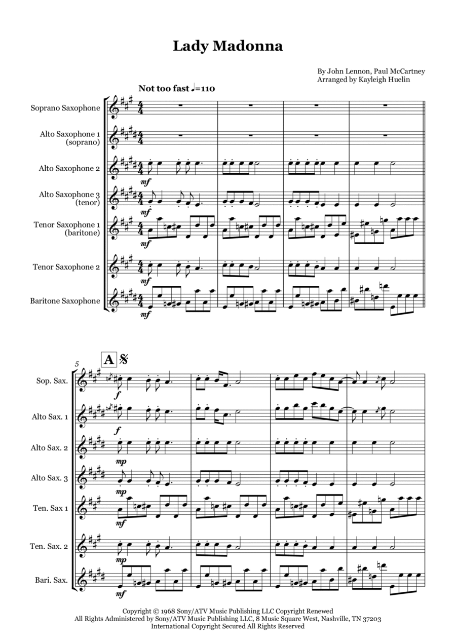 Lady Madonna Saxophone Quartet scores gallery preview page 1