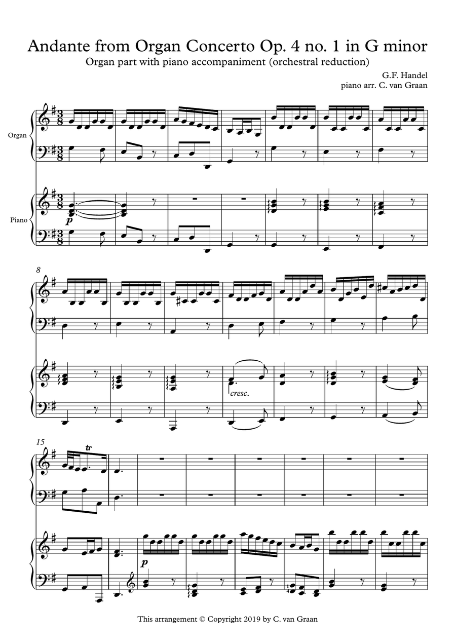 Andante from Organ Concerto Op. 4 no. 1 (G.F. Handel) - Organ-piano duet Organ Accompaniment scores gallery preview page 1