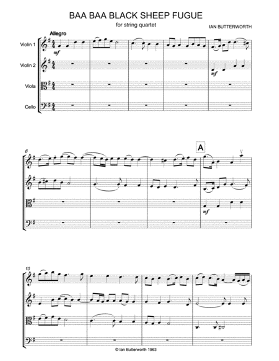 IAN BUTTERWORTH Baa Baa Black Sheep Fugue for string quartet String Quartet scores gallery preview page 2