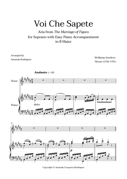 Voi Che Sapete from "The Marriage of Figaro" - Easy Tenor and Piano Aria Duet in B Major image number null