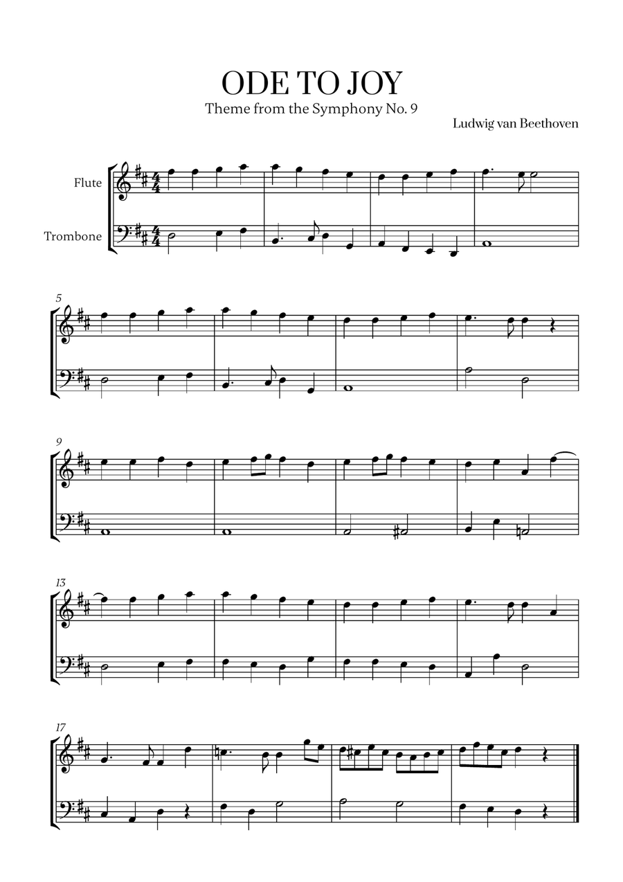 L. v. Beethoven - Ode to Joy (from Symphony No. 9) for Flute and Trombone Flute scores gallery preview page 1