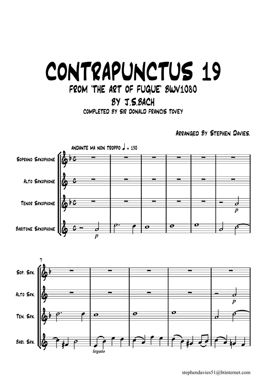 'Contrapunctus 19' By J.S.Bach BWV 1080 from 'The Art of the Fugue' for Saxophone Quartet. Saxophone Quartet scores gallery preview page 1