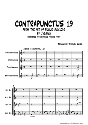 Book cover for 'Contrapunctus 19' By J.S.Bach BWV 1080 from 'The Art of the Fugue' for Saxophone Quartet.