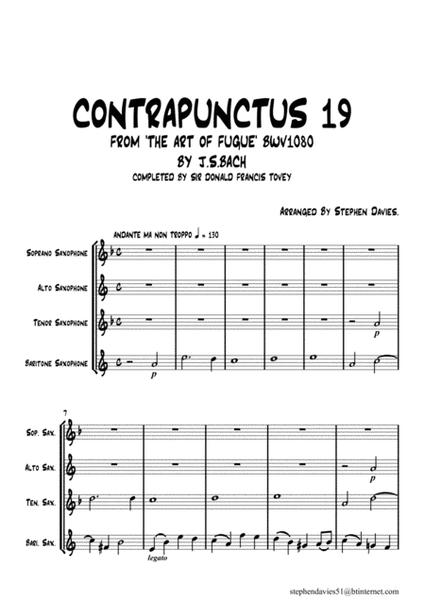 'Contrapunctus 19' By J.S.Bach BWV 1080 from 'The Art of the Fugue' for Saxophone Quartet. image number null