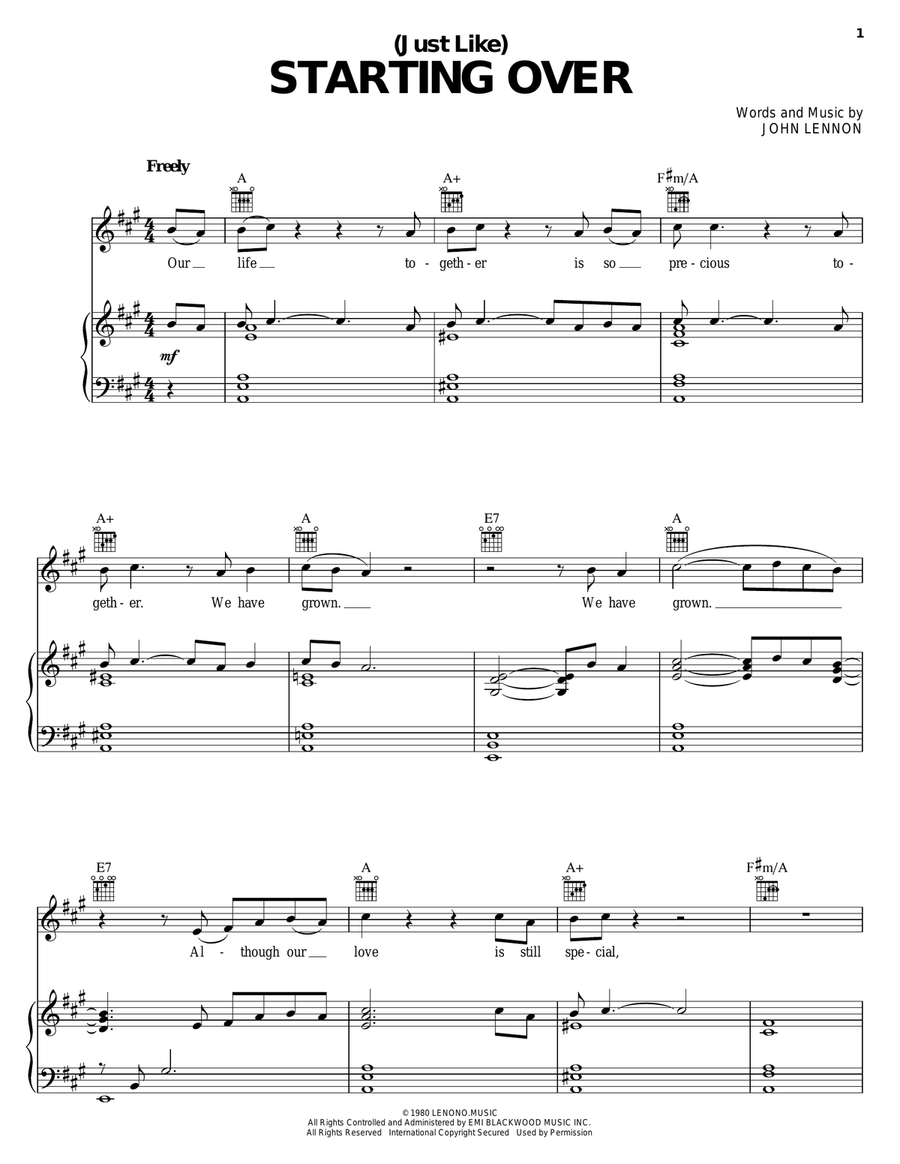 (Just Like) Starting Over Piano, Vocal, Guitar scores gallery preview page 1