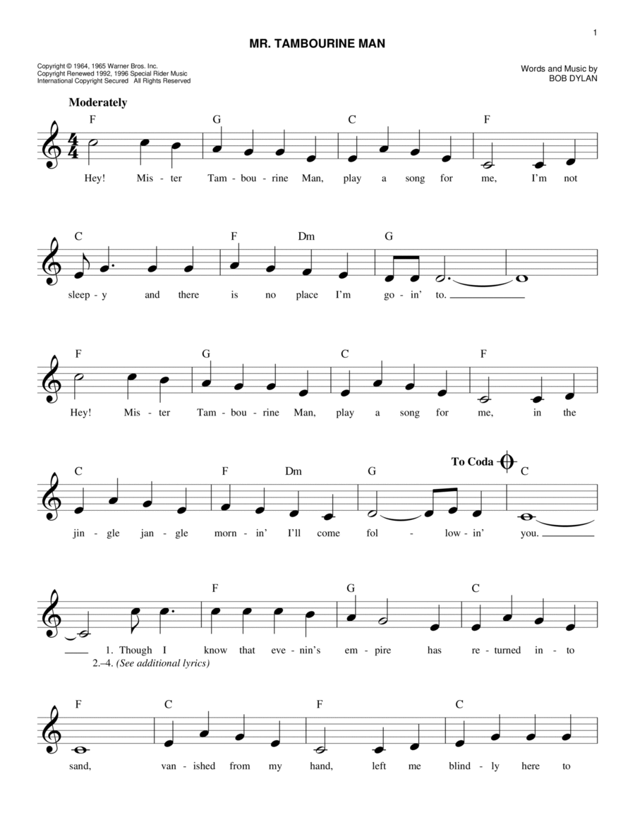 Mr. Tambourine Man Piano scores gallery preview page 1