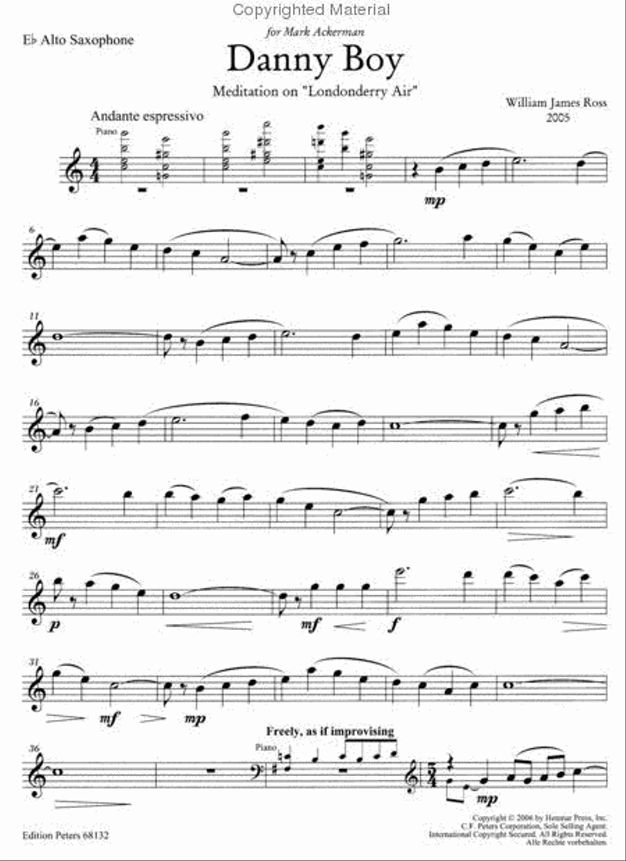 Danny Boy -- Meditation on Londonderry Air for Trumpet (Alto Sax.) & Piano (Org.) Alto Saxophone scores gallery preview page 3