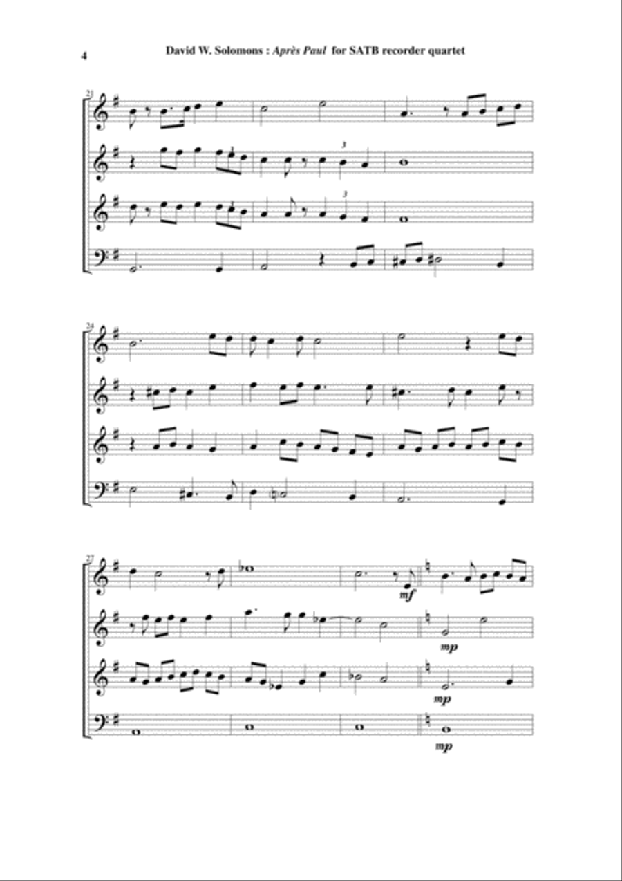 David Warin Solomons: Après Paul for SATB recorder quartet Small Ensemble scores gallery preview page 4