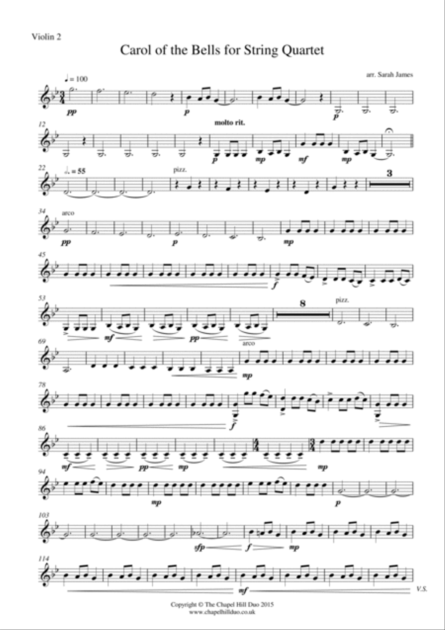 Carol of the Bells for String Quartet - Full Length arrangement by the Chapel Hill Duo String Quartet scores gallery preview page 4