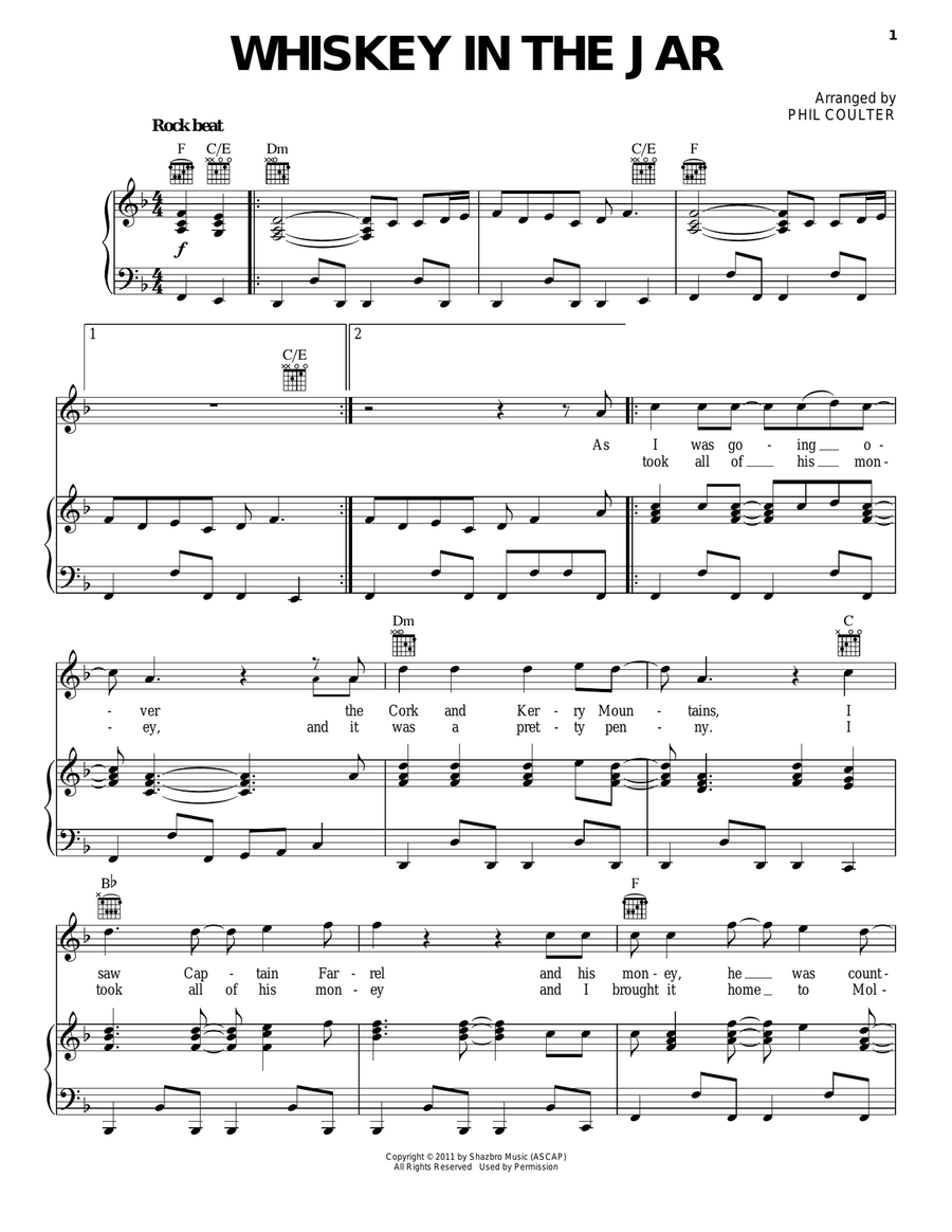 Whiskey In The Jar Piano, Vocal, Guitar scores gallery preview page 1