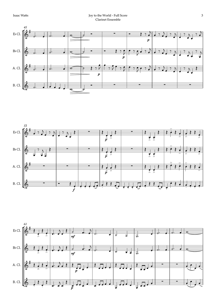 Joy to the World by for Clarinet Ensemble Woodwind Ensemble scores gallery preview page 3