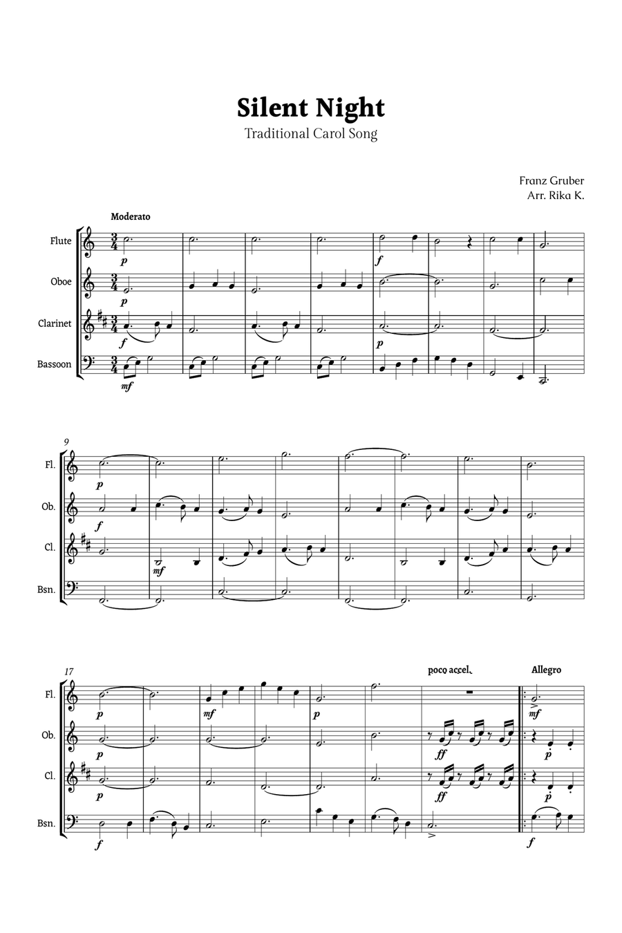 Silent Night for Woodwind Quartet Woodwind Quartet scores gallery preview page 1