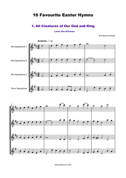 16 Favourite Easter Hymns for Saxophone Quartet AAAT, three Alto and one Tenor Saxophone