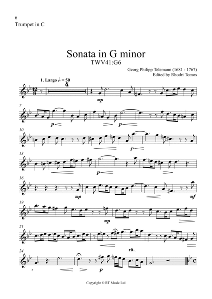 Telemann TWV41:G6 Sonata in G minor. Solo parts oboe, piccolo trumpet, trumpets Bb/Eb/C