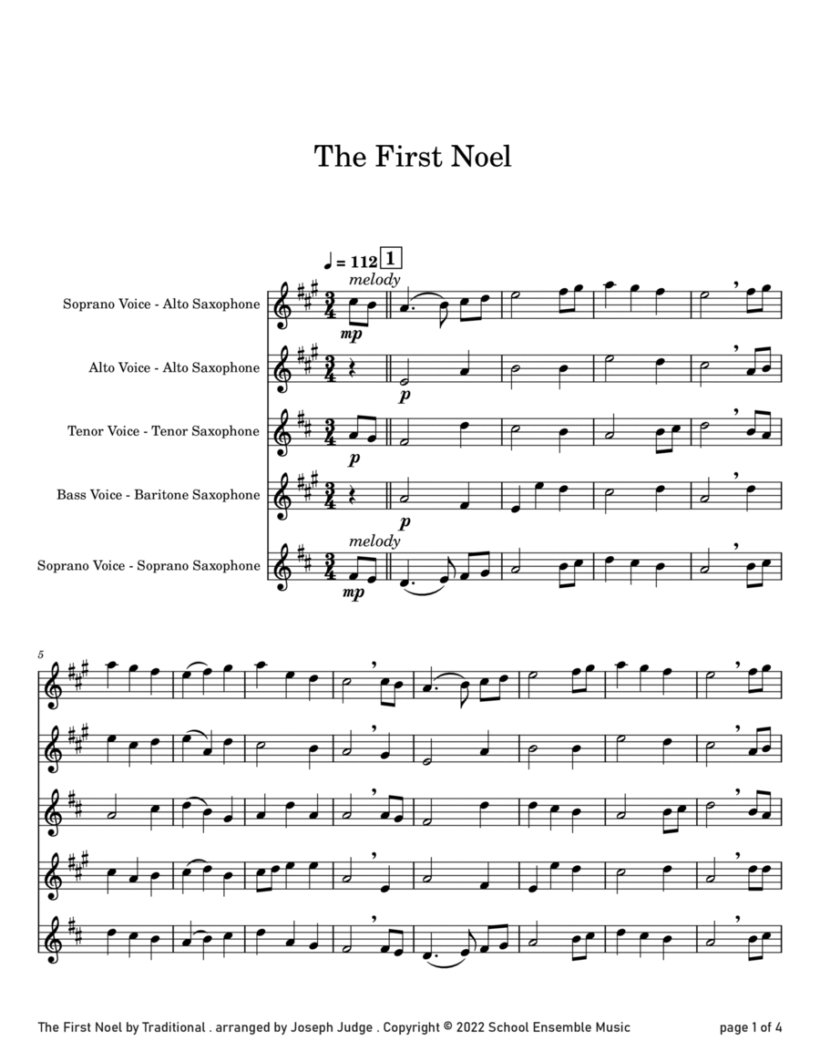 The First Noel for Saxophone Quartet in Schools Saxophone Quartet scores gallery preview page 1