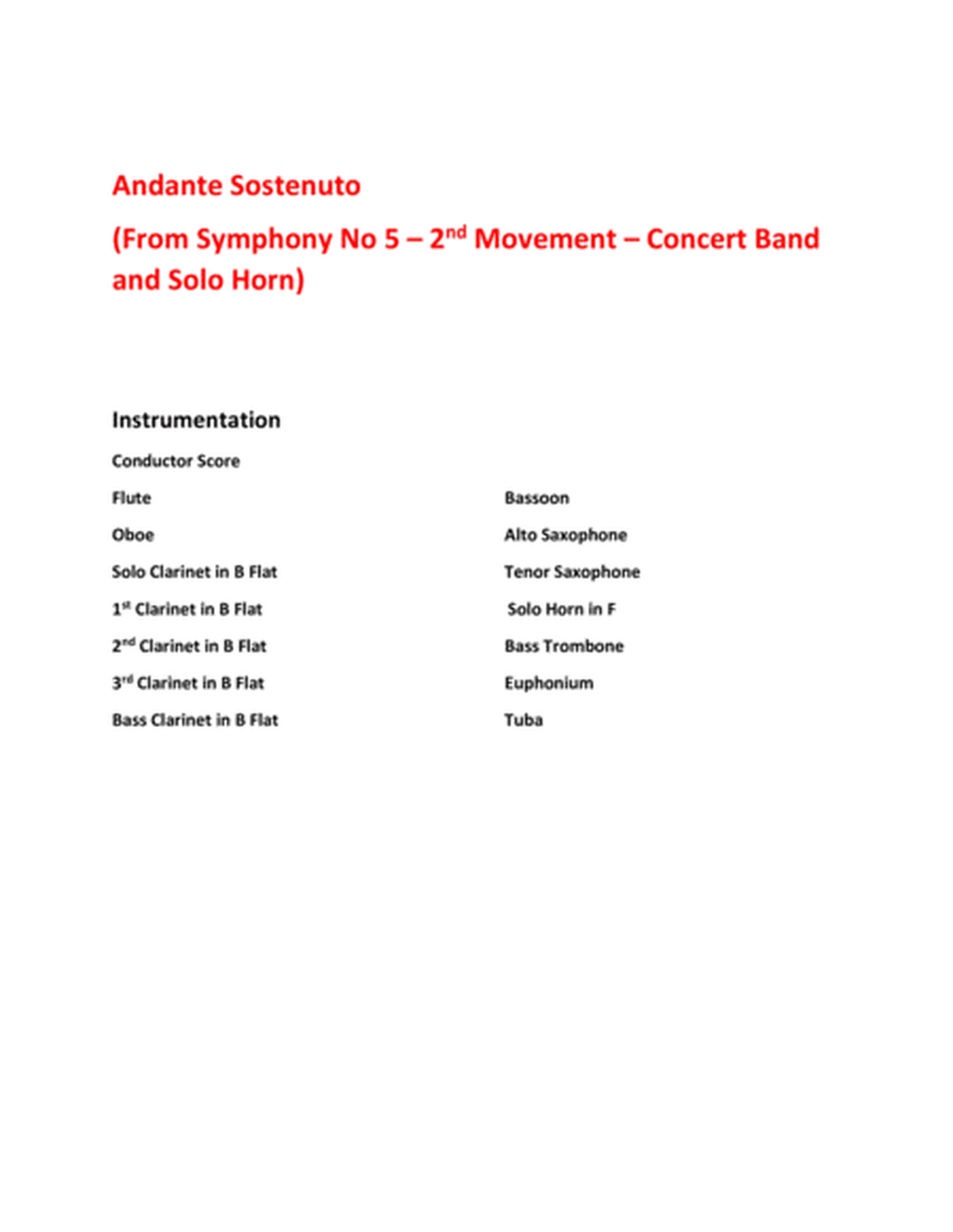 Andante Sostenuto - From Symphony No 5 2nd Movement (Concert Band and Solo Horn) image number null